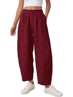 Women's Black Red Plaid Casual Loose Wide Leg Spring Fashion Beach Bottoms
